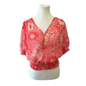 Joie Semi Sheer Pink Floral Top Womens Sz Medium‎ Smocked Waist Cottagecore Boho